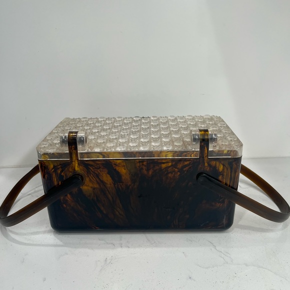 Vintage Lucite Tortoise Amber Box Handbag 1950s Basket Handle Bakelite Purse - Picture 6 of 6